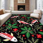 Red White Fish And Green Leaves Rug