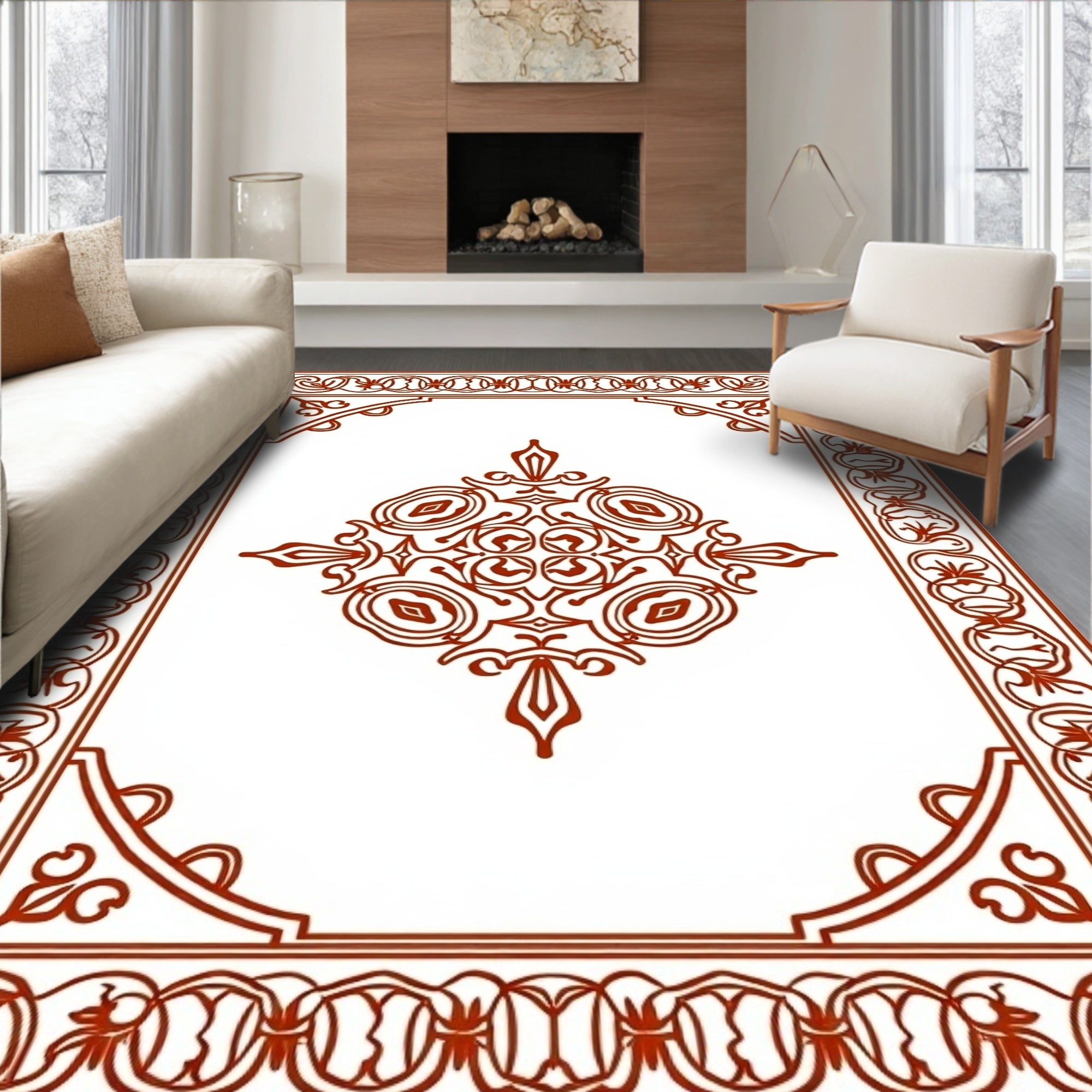 Ornate Brown Centerpiece Border Rug
