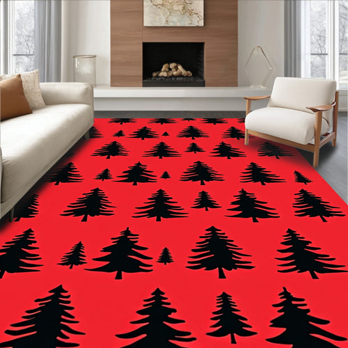 Black Fir Trees on Red Background Rug