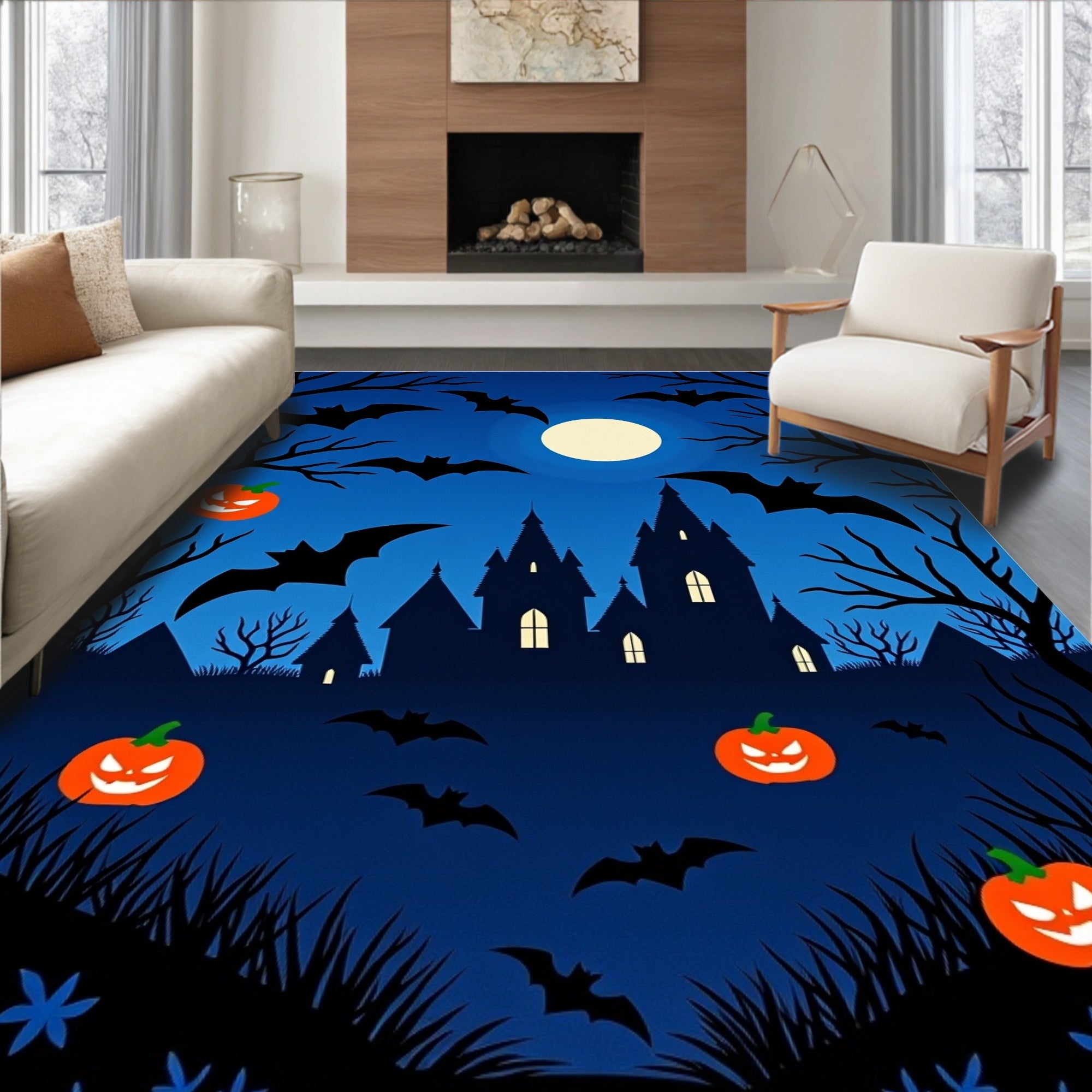 Spooky Haunted Castle Moonlit Bats Pumpkins Rug