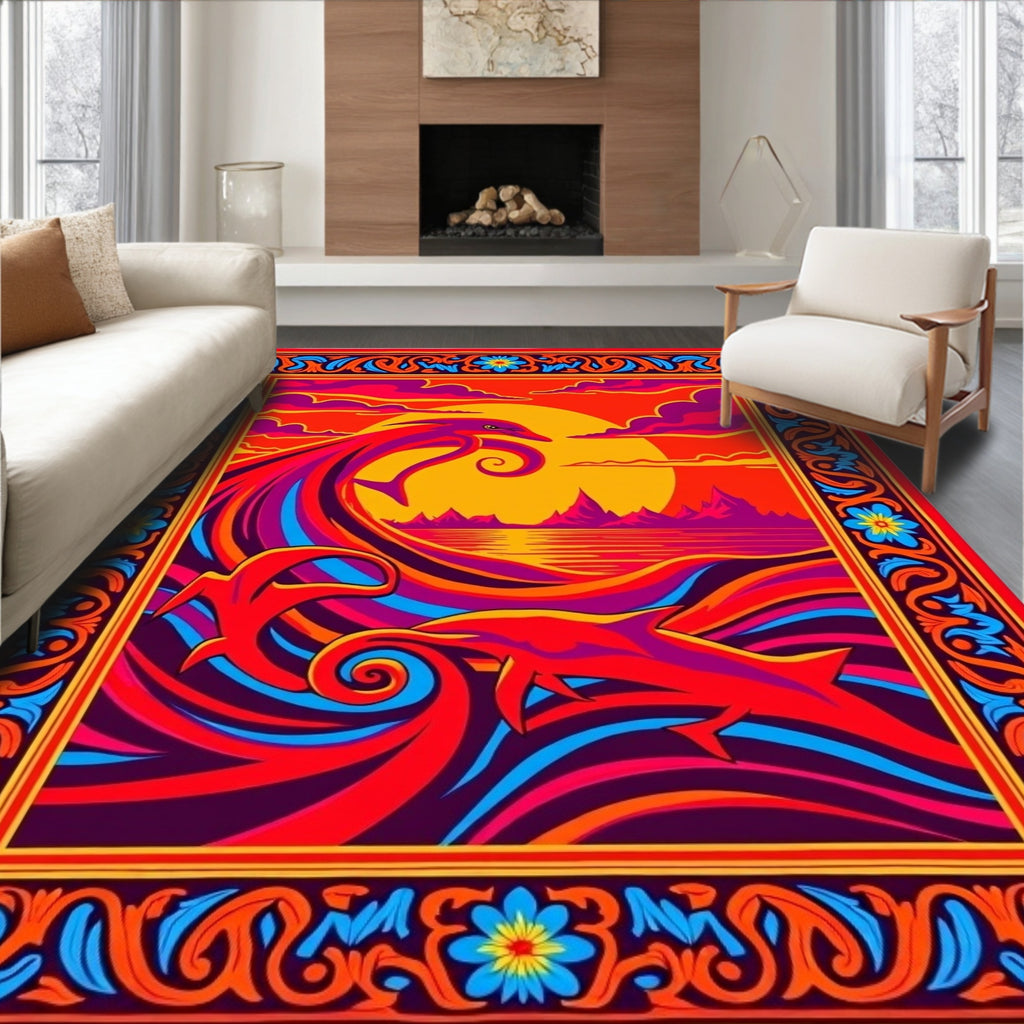 Vibrant Orange Dolphin Wave Sunset Rug