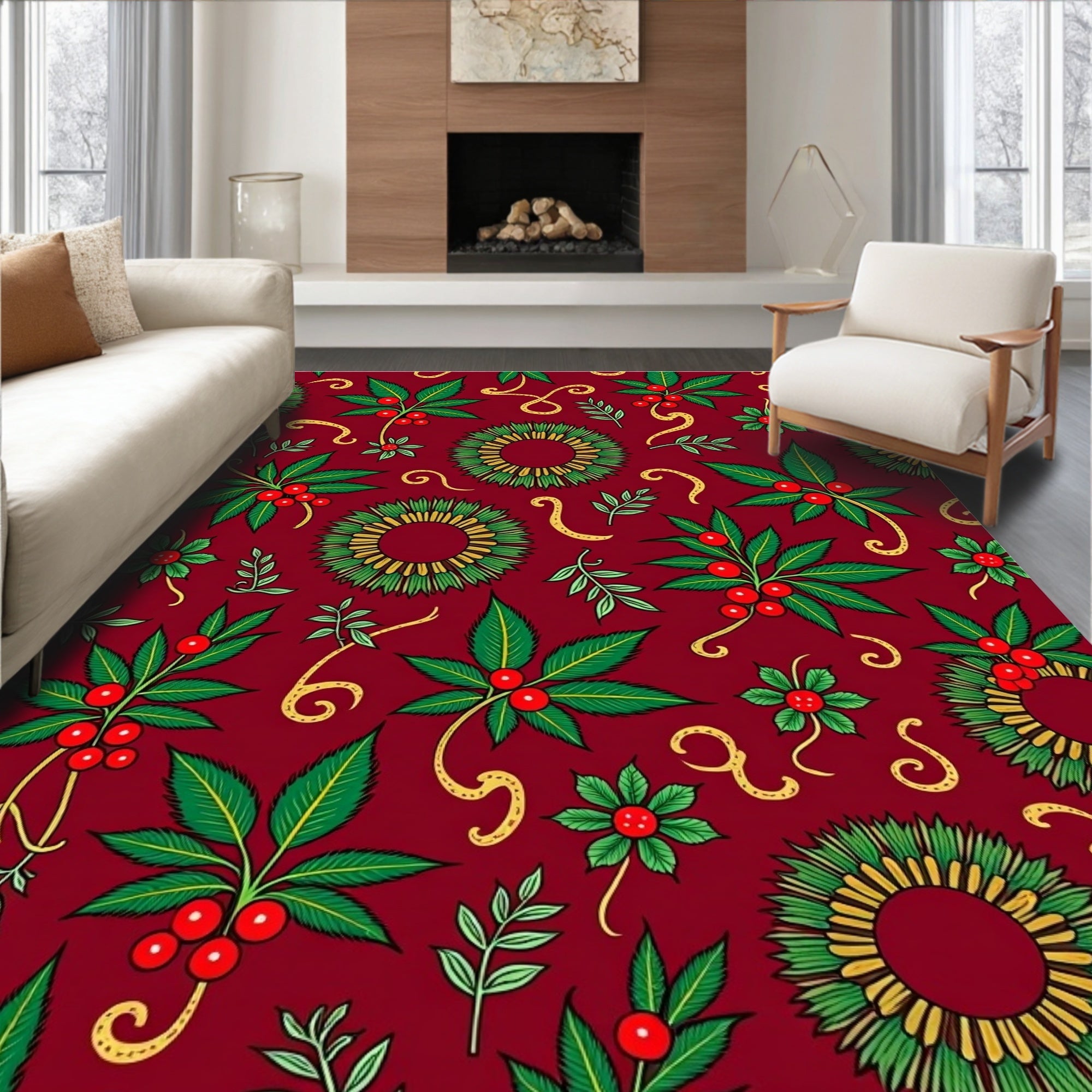 Deep Red Holly Berry Wreath Rug