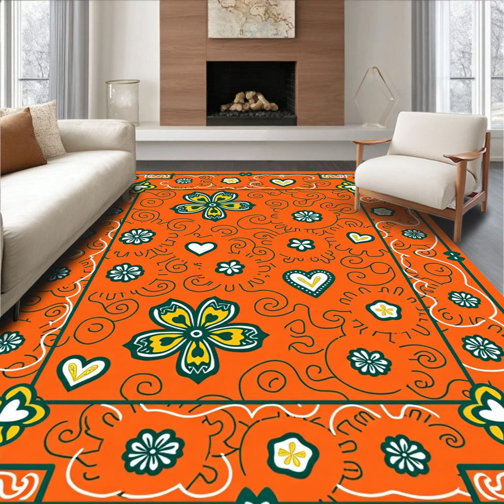 Vibrant Orange Floral Heart Border Rug