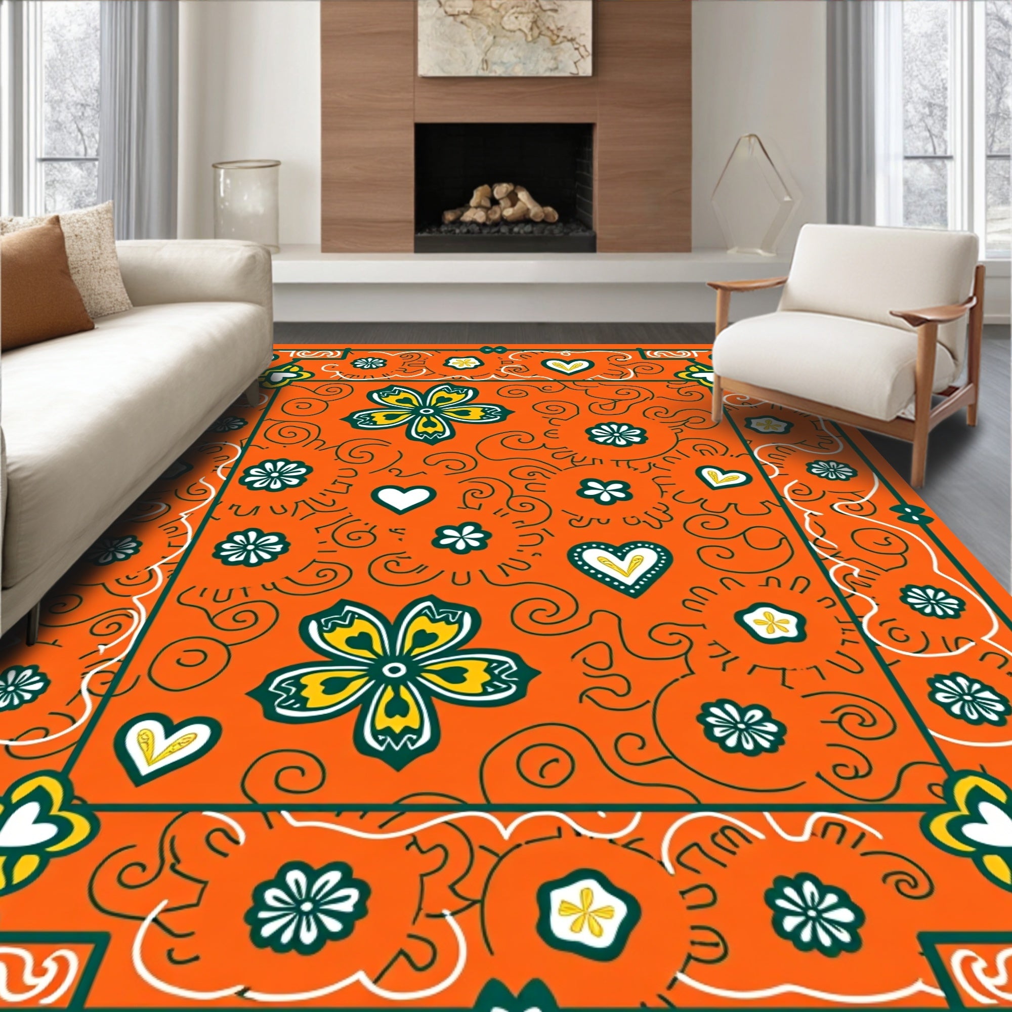 Vibrant Orange Floral Heart Border Rug