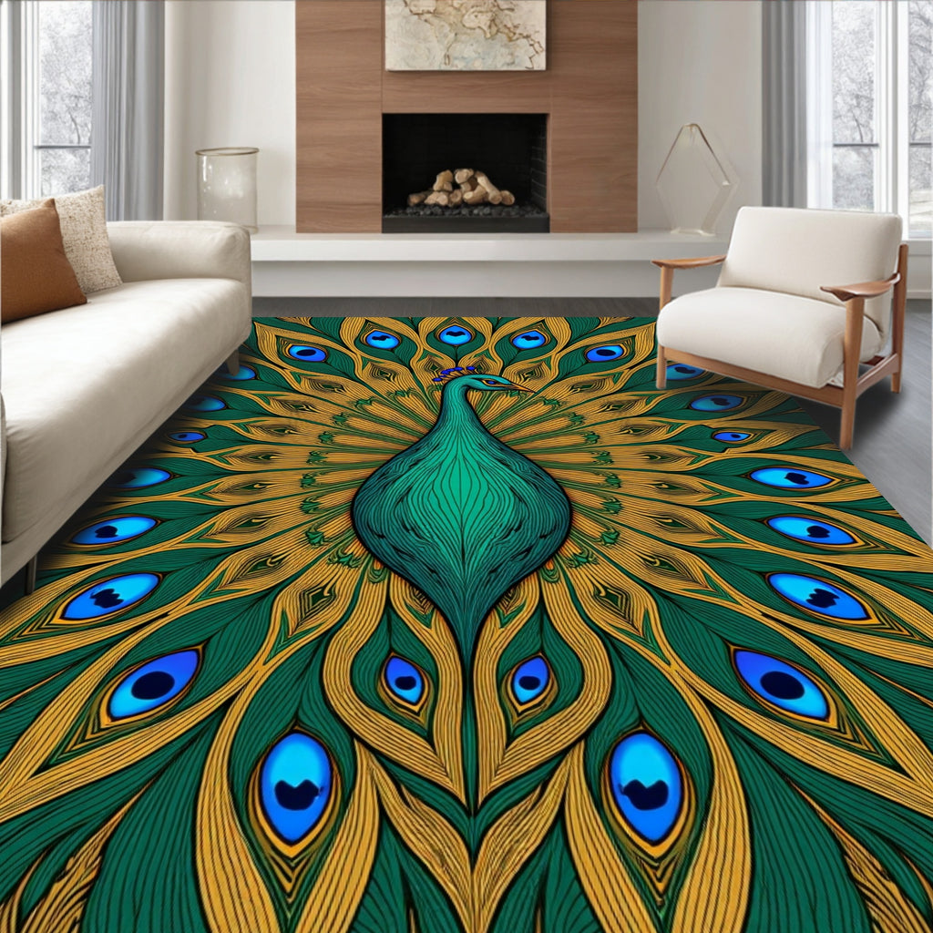 Vibrant Teal Peacock Feather Display Rug