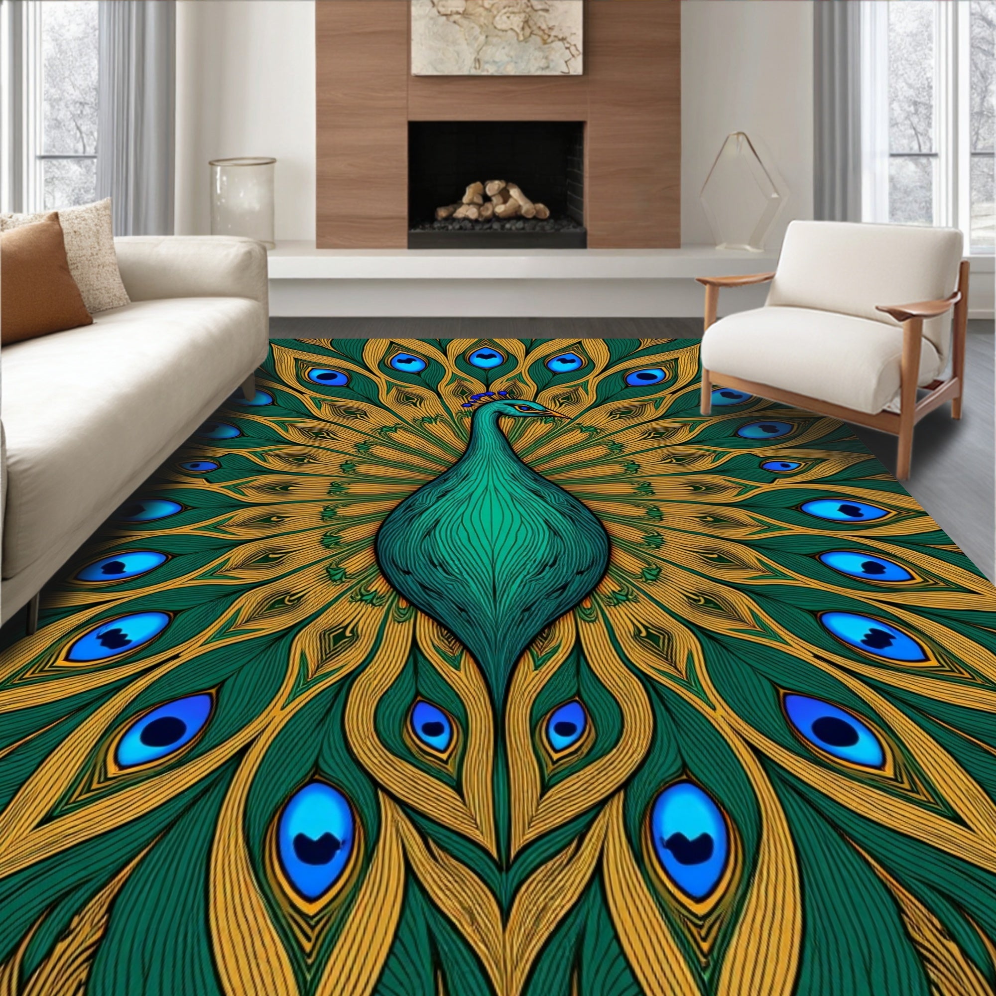 Vibrant Teal Peacock Feather Display Rug