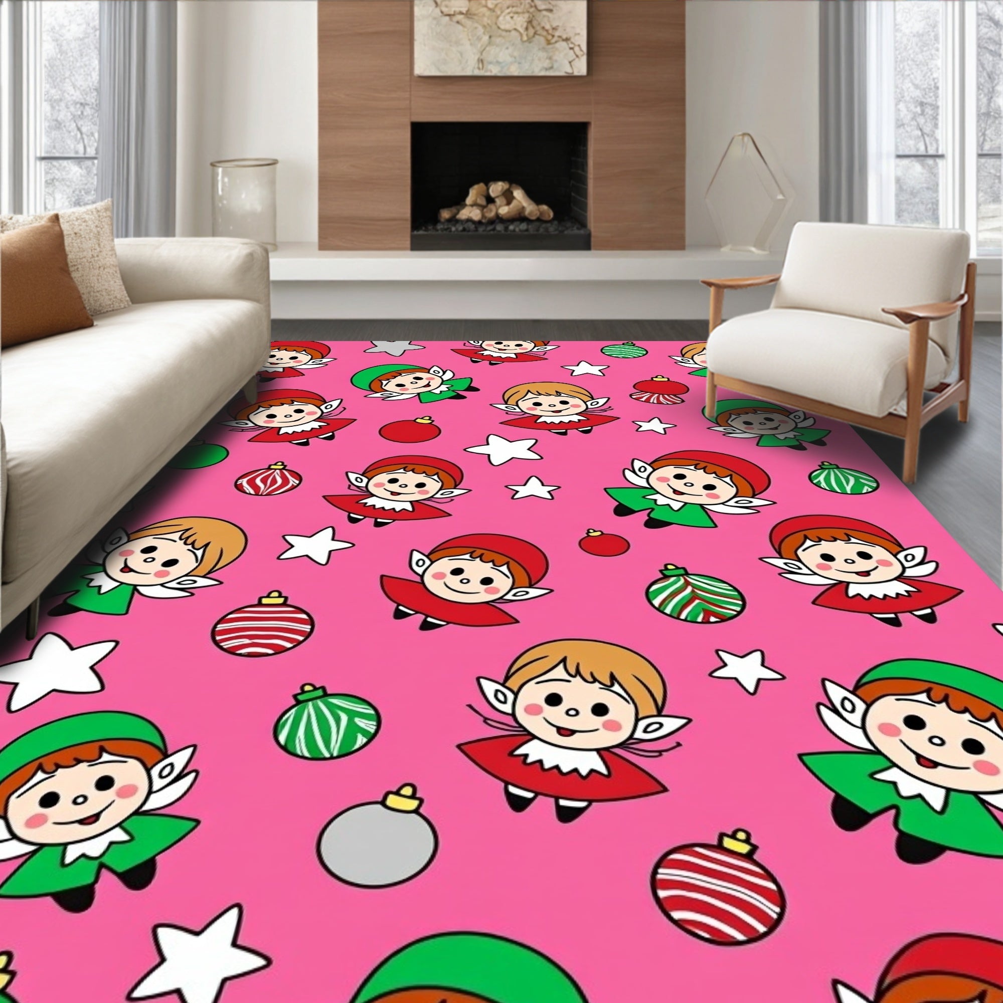 Cute Christmas Elves Ornaments Stars Rug
