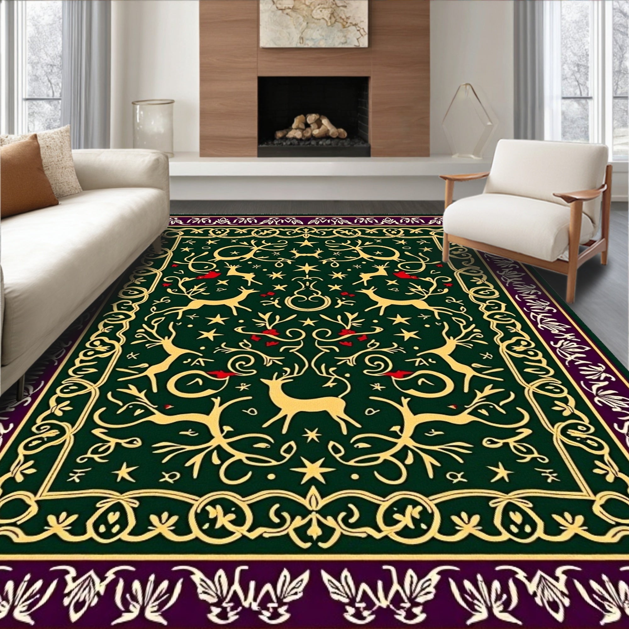 Green and Gold Stag Forest Border Rug