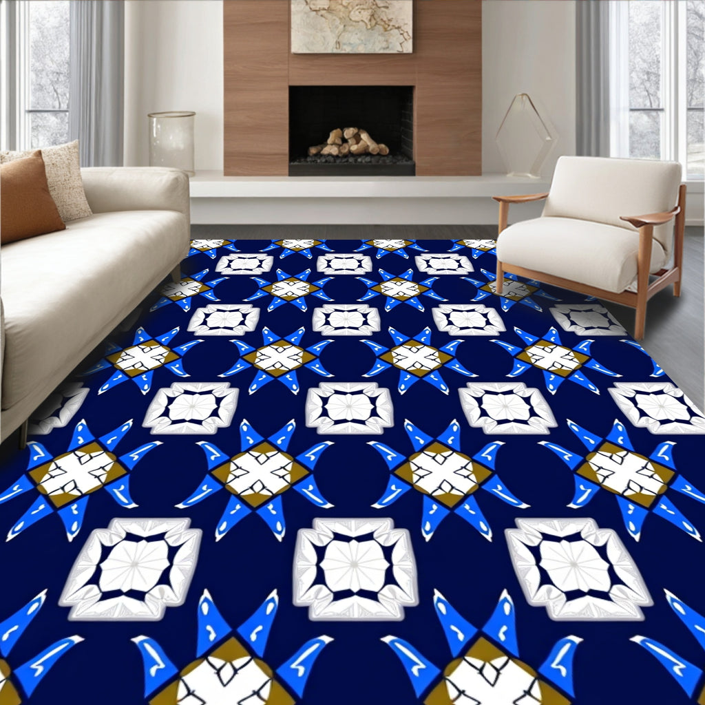 Bold Blue White Geometric Star Rug