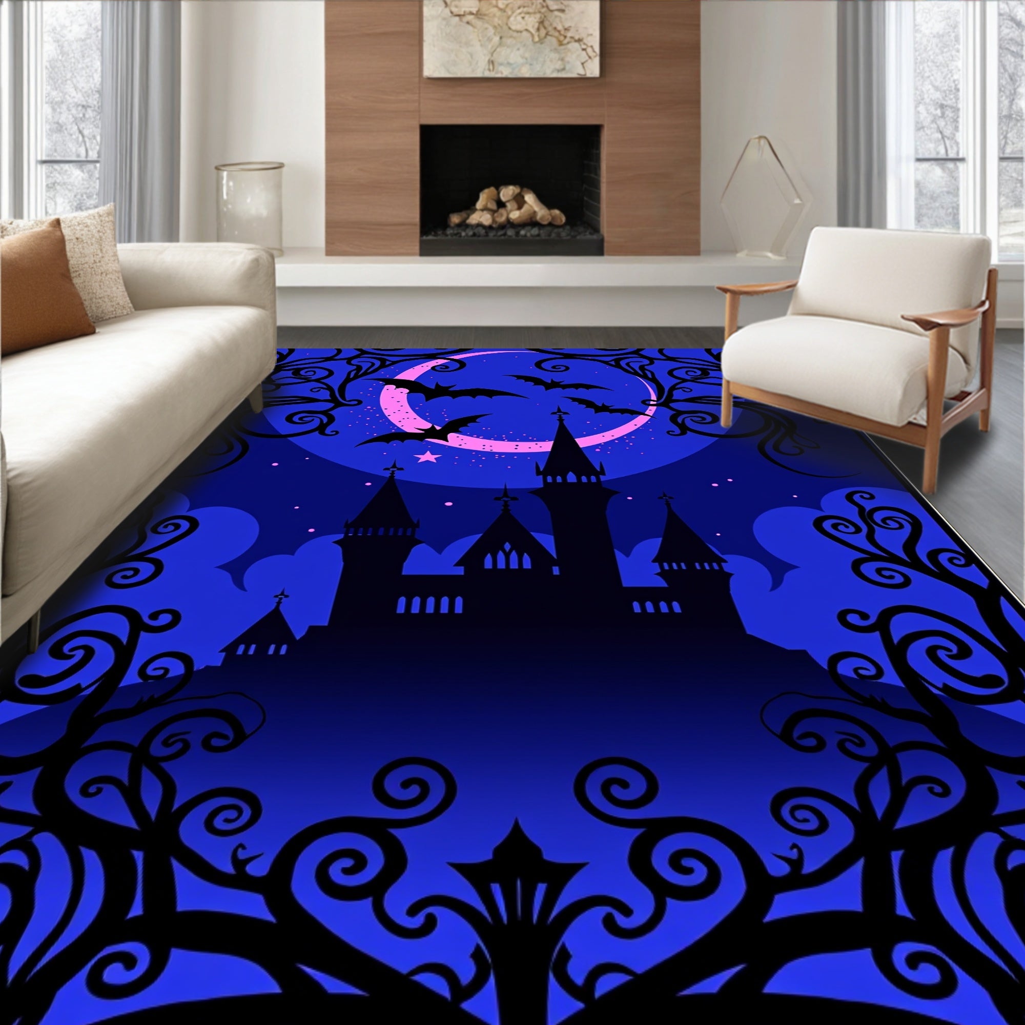 Spooky Night Castle Bats Moon Rug