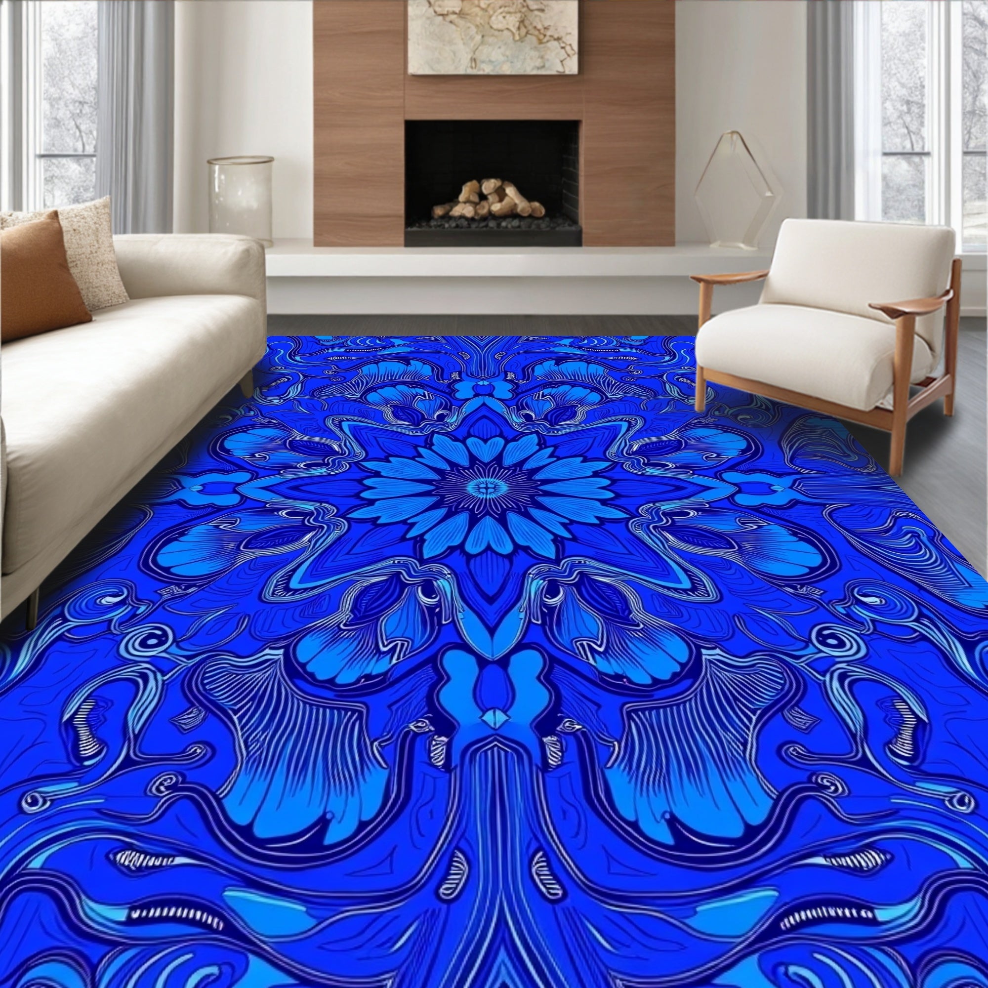 Lush Blue Floral Kaleidoscope Rug