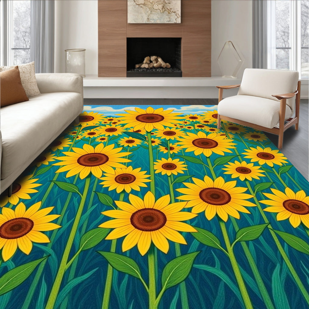 Golden Sunflower Field Sky Blues Rug