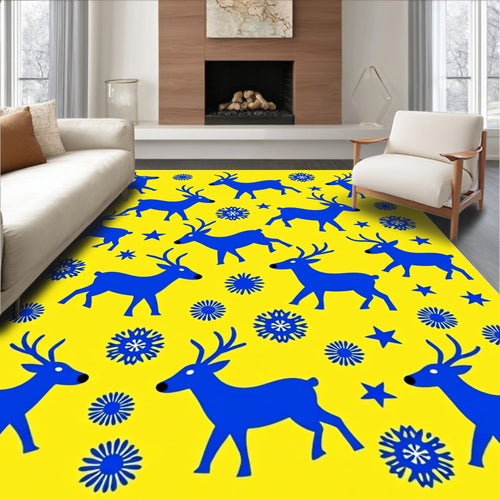 Blue Deer Snowflake Yellow Background Rug
