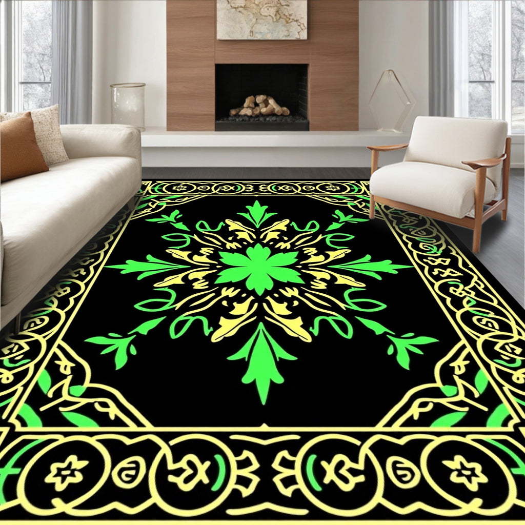 Green Yellow Floral Bordered Area Rug