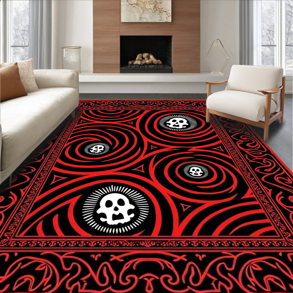 Red Black Skull Swirls Border Rug