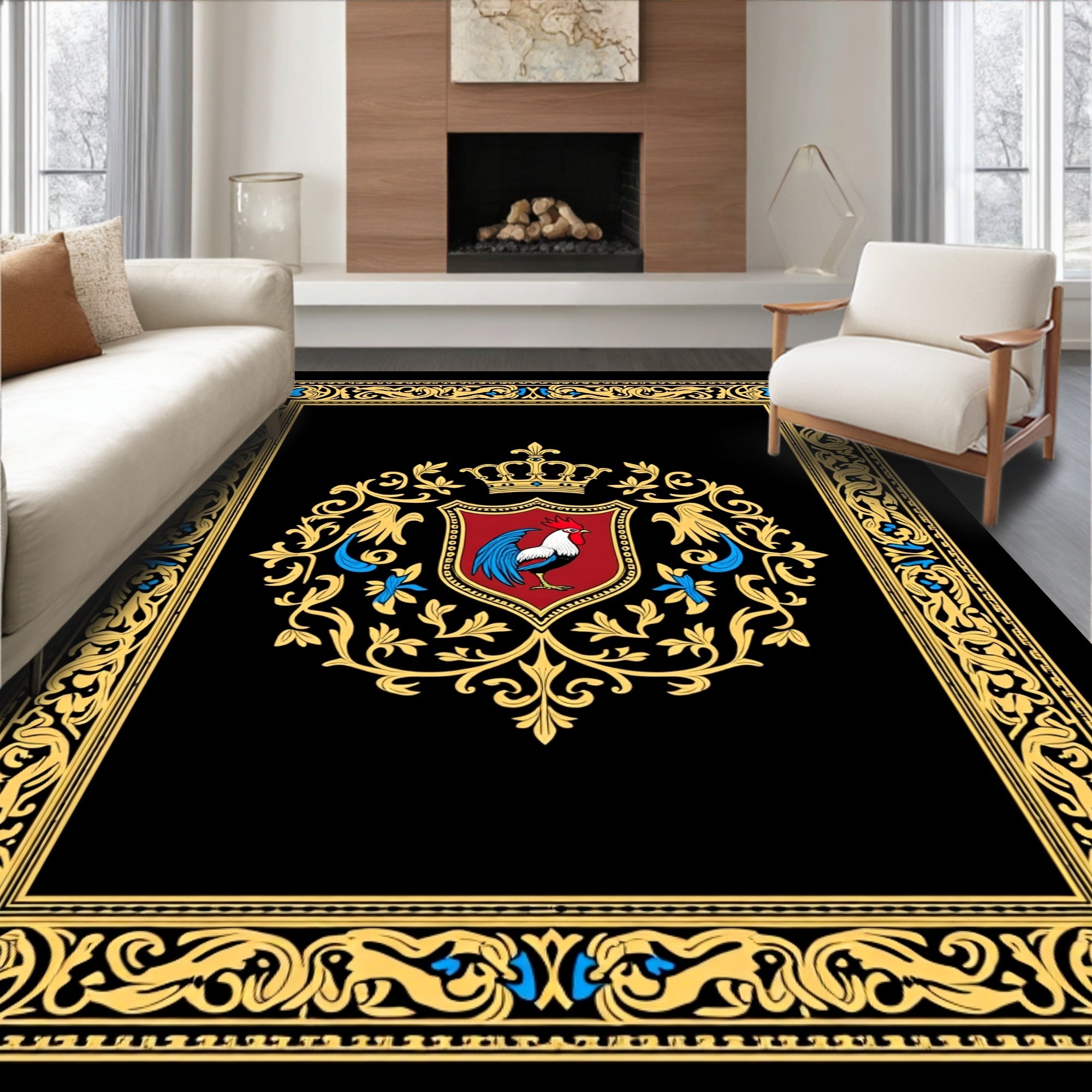 Gold Embossed Rooster Crest Emblem Rug