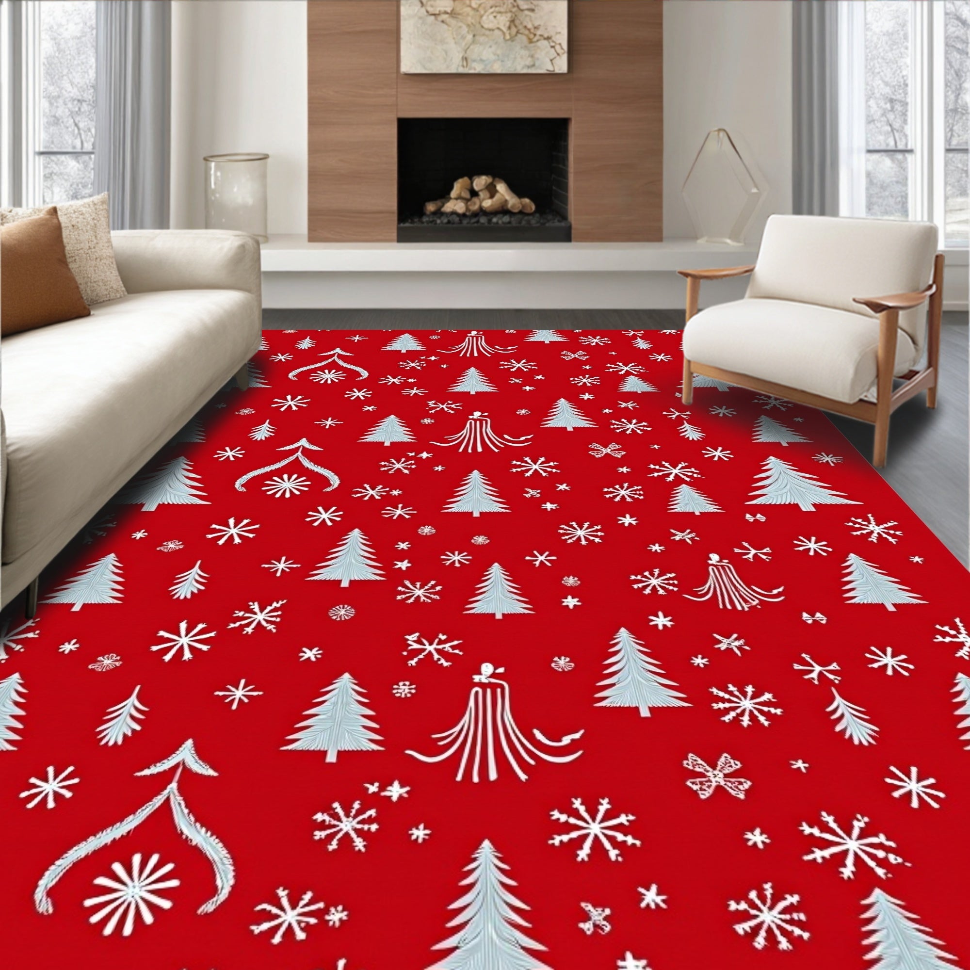 Red Snowflakes Christmas Trees Rug