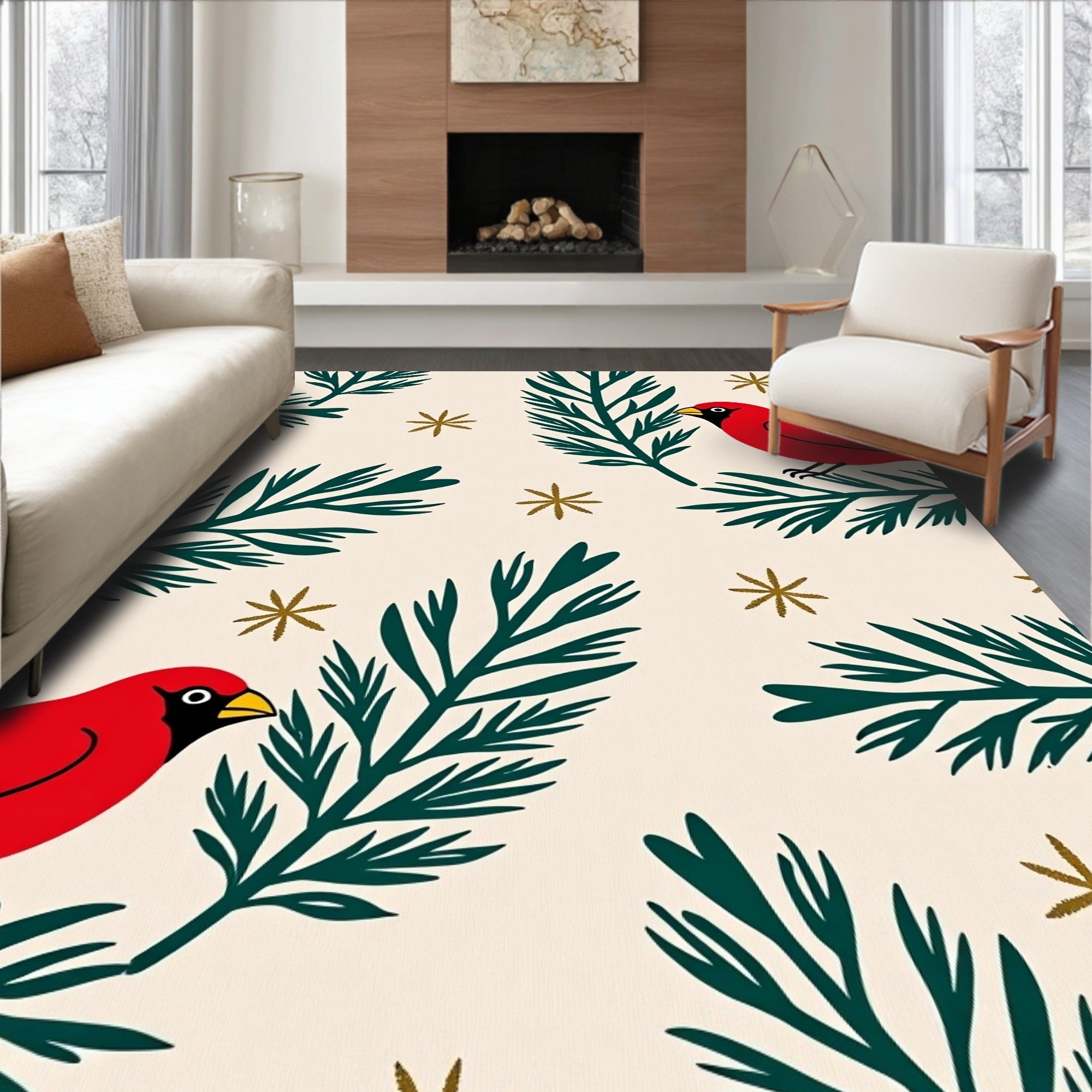 Red Cardinal Festive Branch Garland Rug