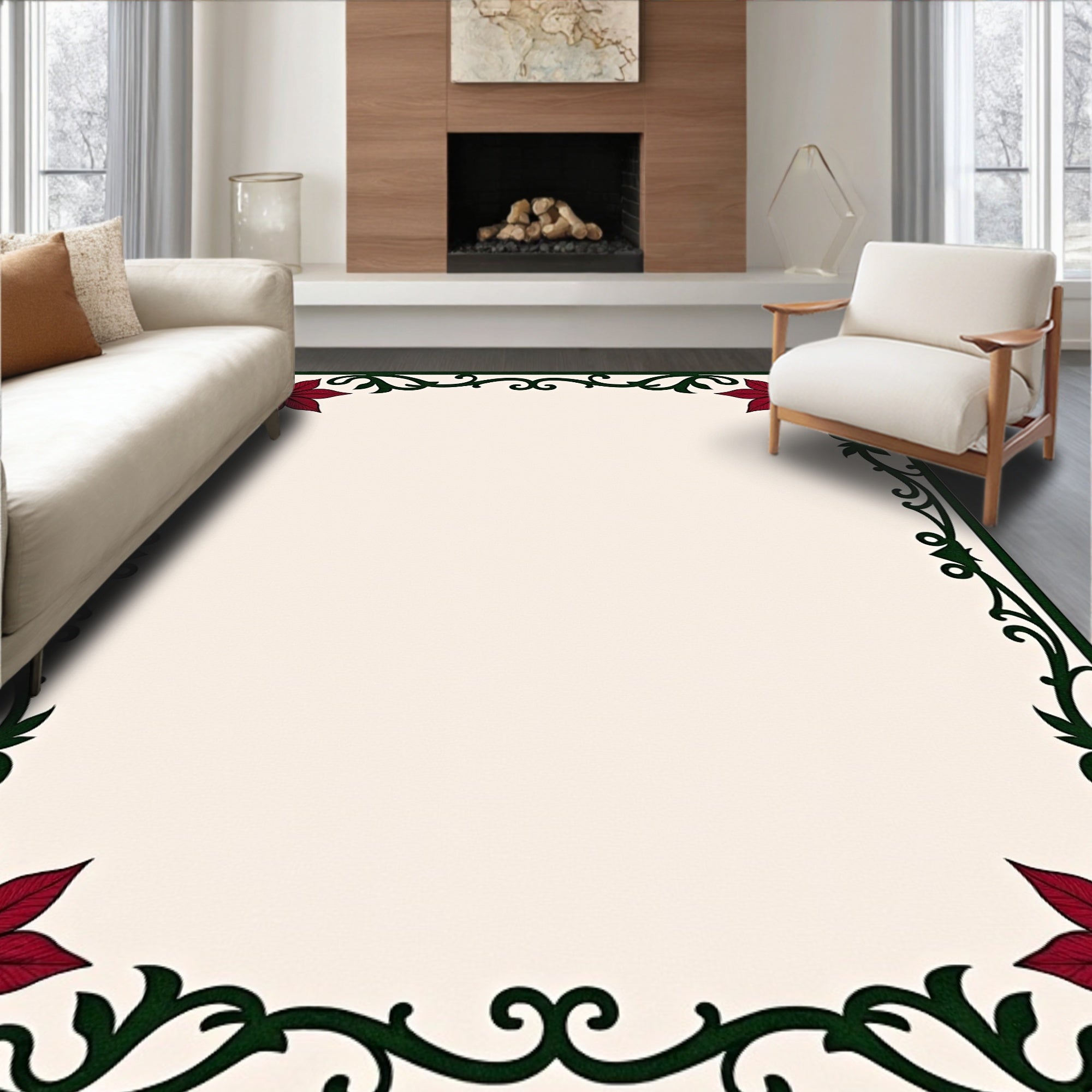 Crimson Poinsettia Vine Border Rug