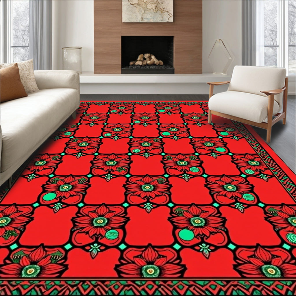 Vivid Red Floral Lattice Medallion Rug