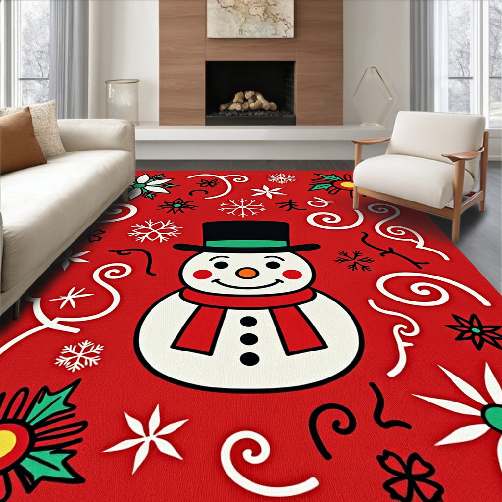 Jolly Snowman Red Holly Snowflake Rug
