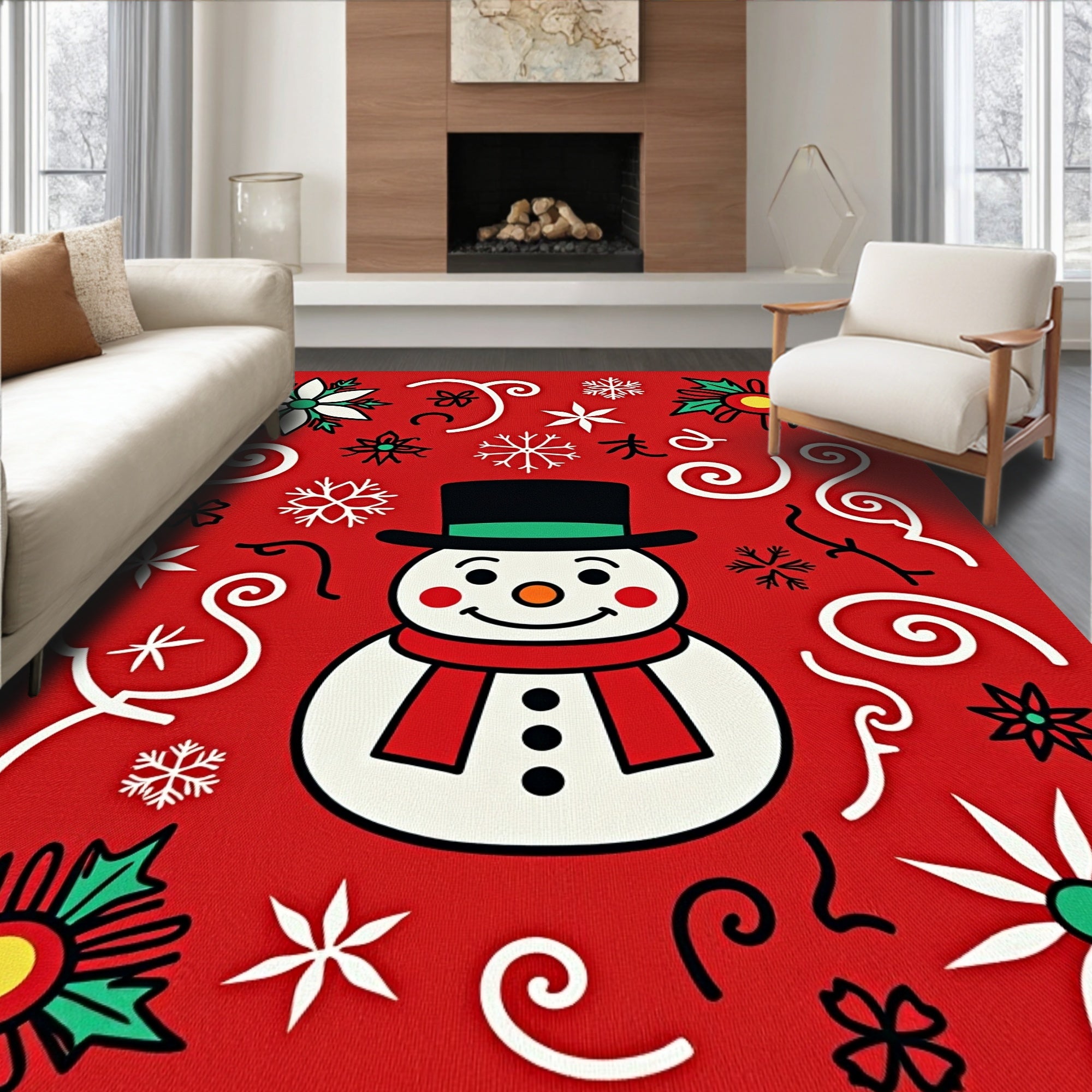 Jolly Snowman Red Holly Snowflake Rug