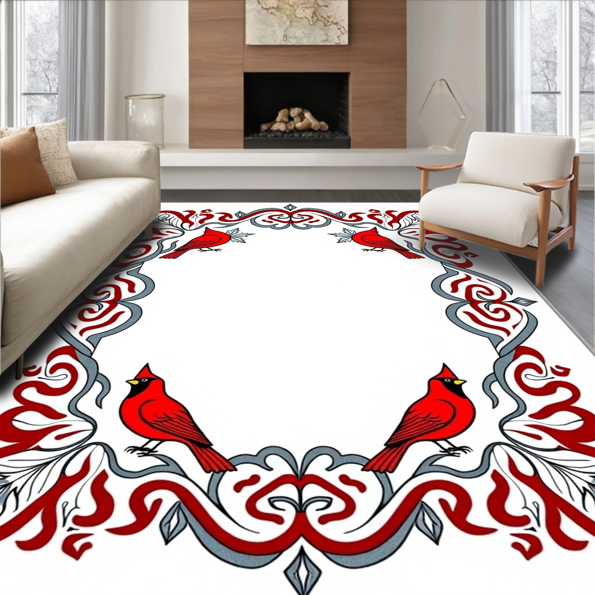 Crimson Cardinal With Red Leaf Scrollwork Rug