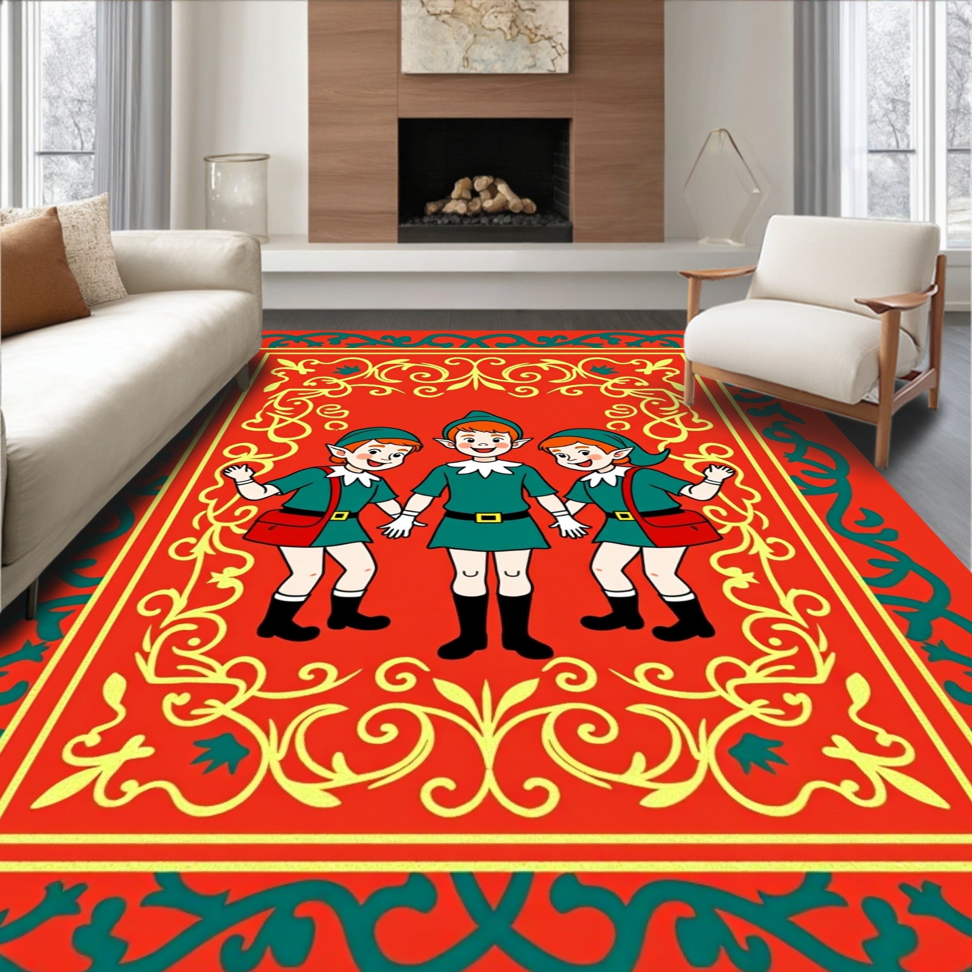 Whimsical elves in vibrant green outfits Rug