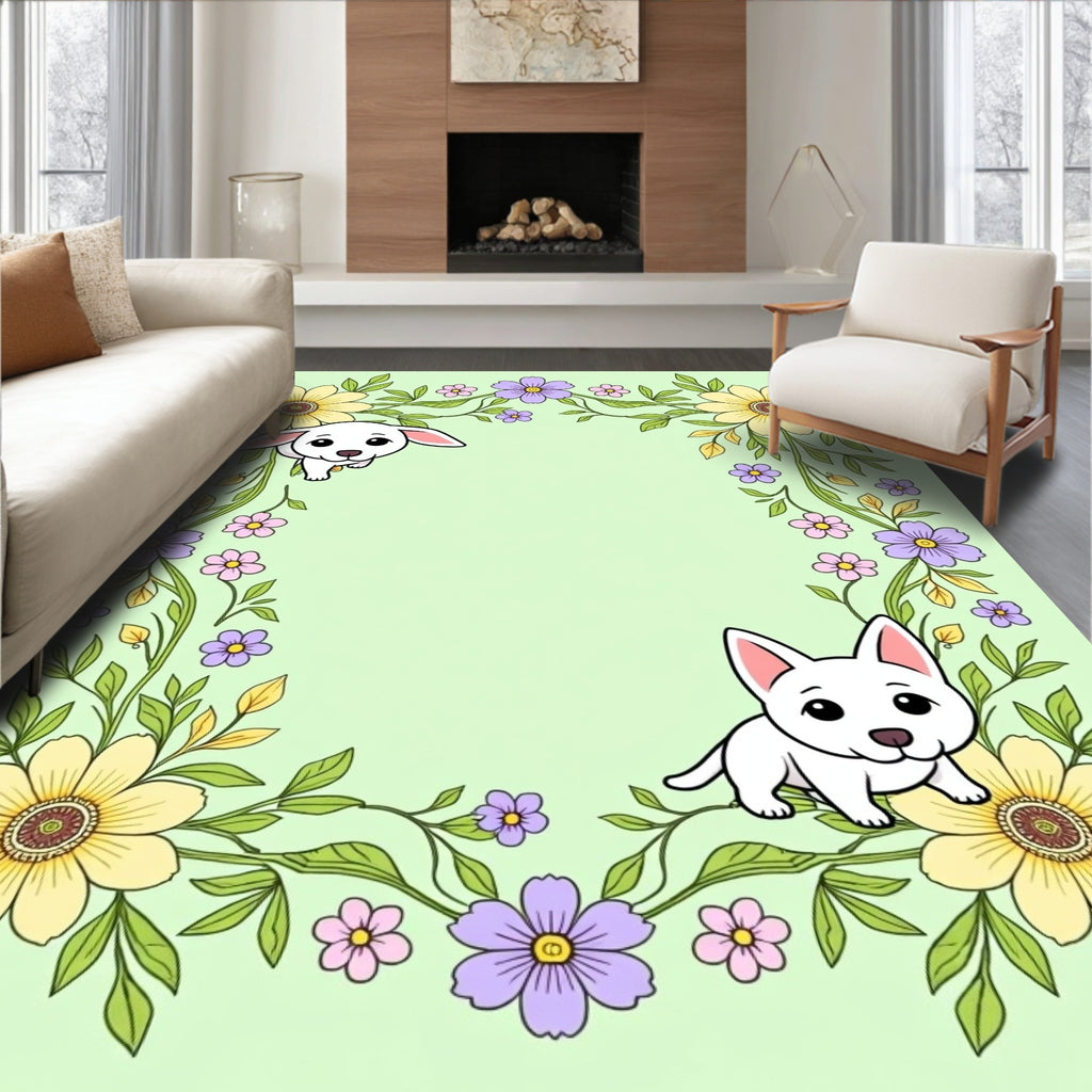 Whimsical White Puppies Floral Vine Rug