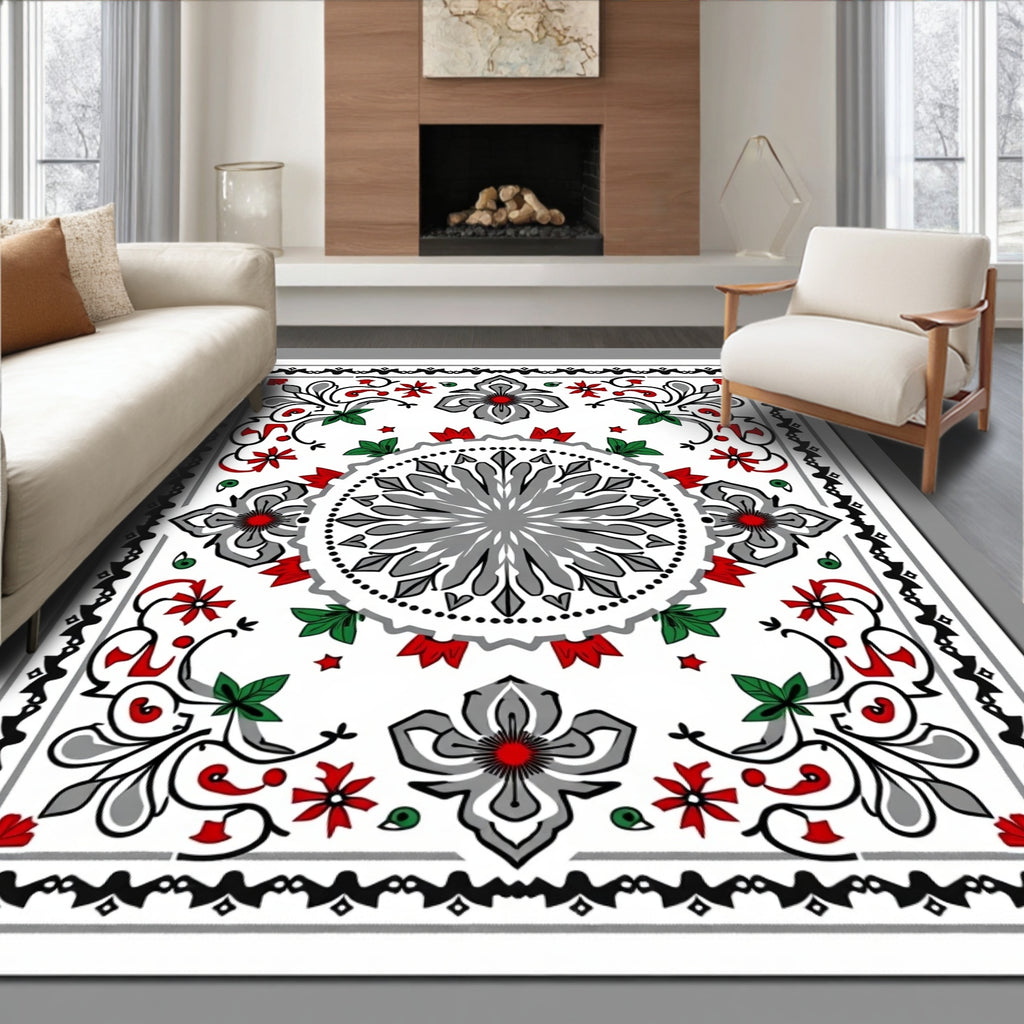 Gray Red Floral Medallion Border Rug