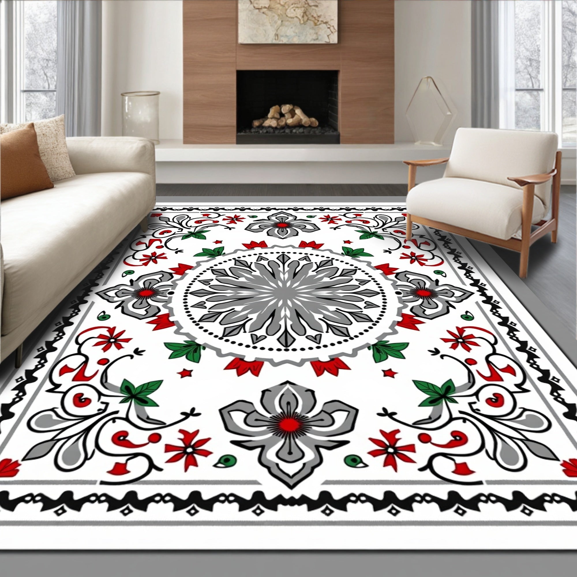 Gray Red Floral Medallion Border Rug