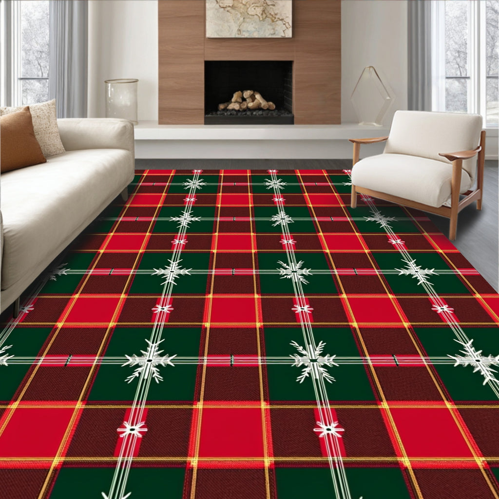 Classic Red Green Plaid Snowflakes Rug