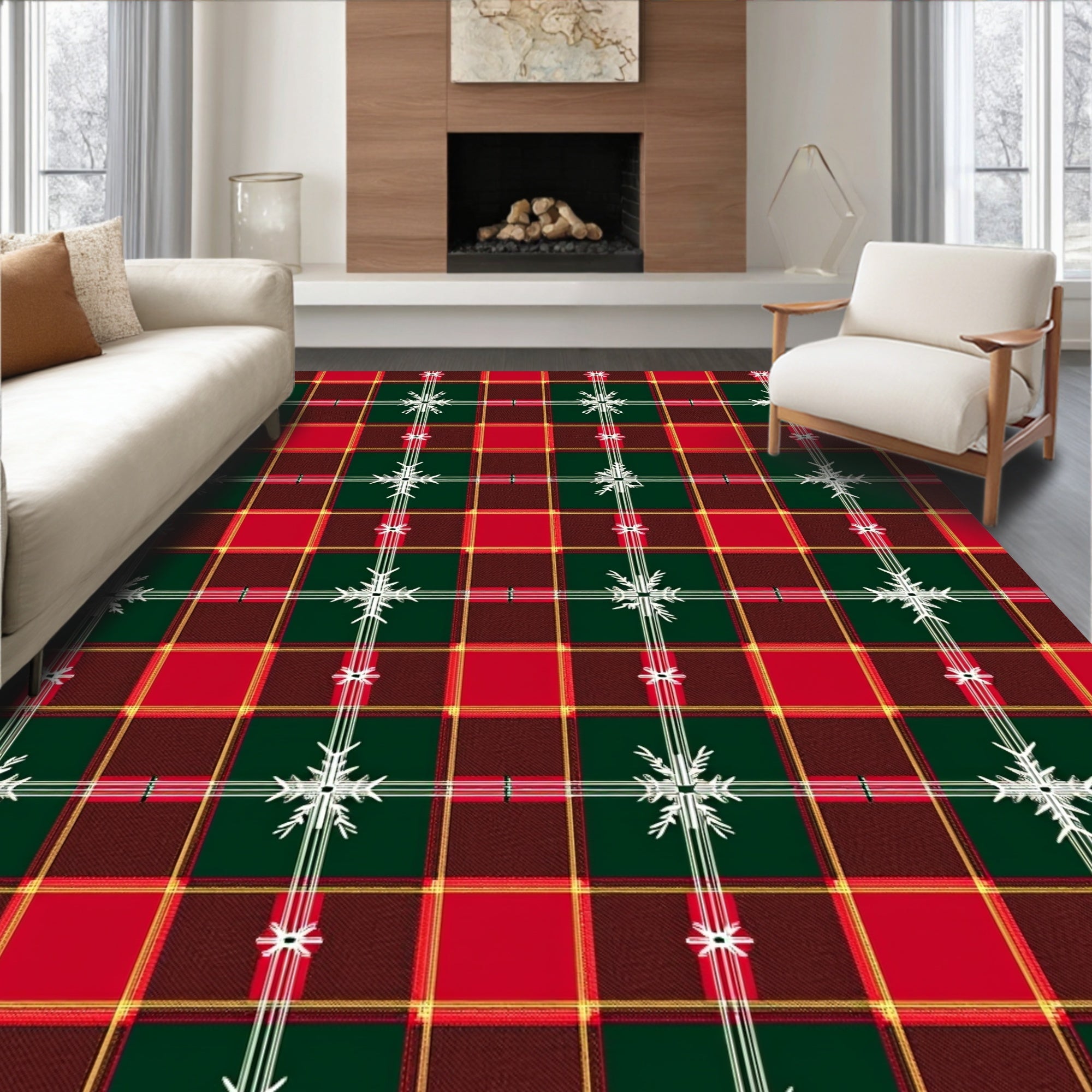 Classic Red Green Plaid Snowflakes Rug