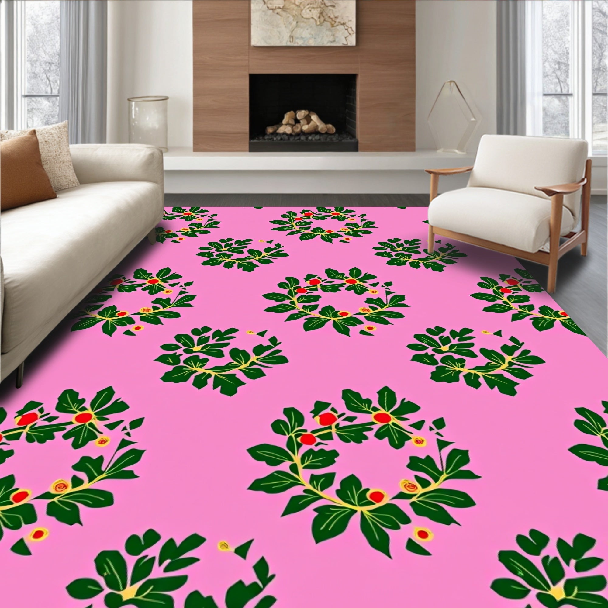 Pink Garden Wreath Red Berry Rug