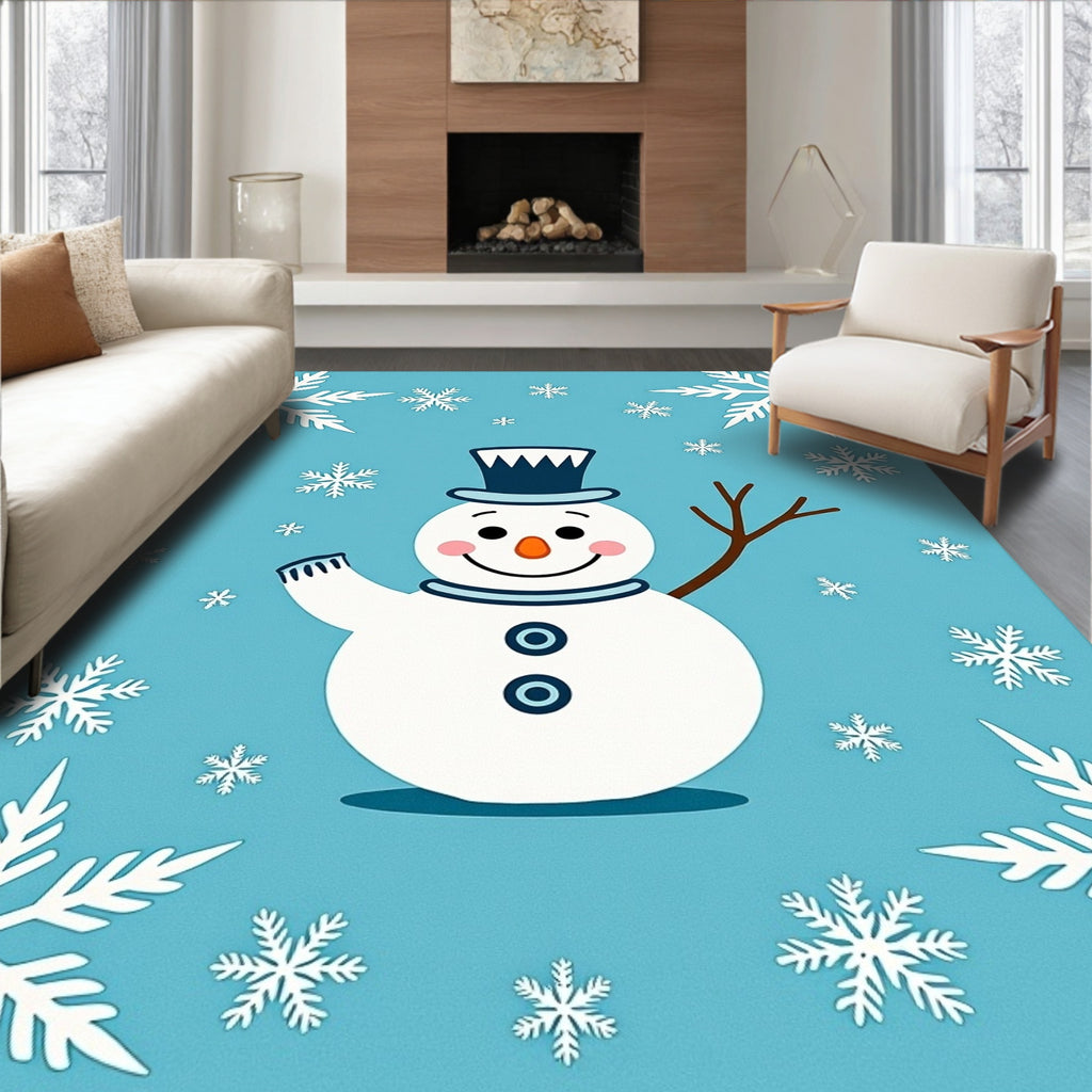 Charming Blue Snowman Snowflake Winter Rug