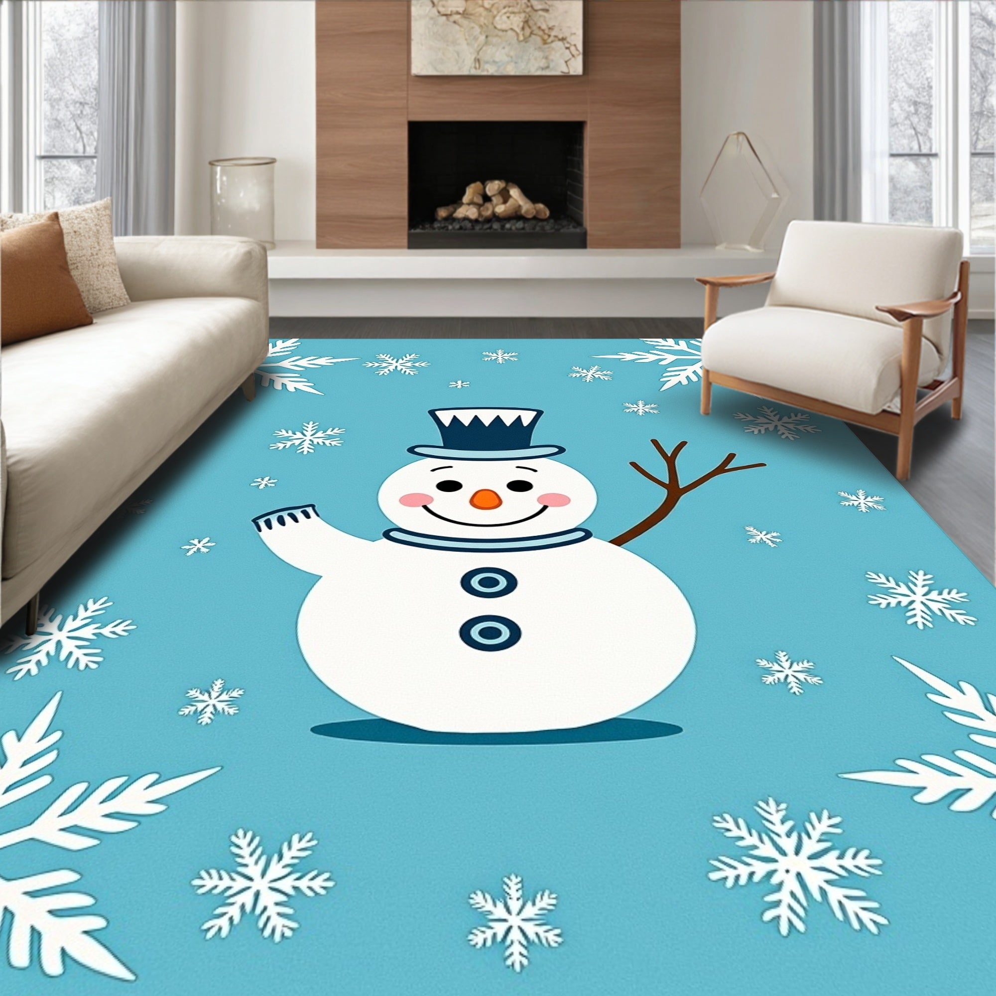 Charming Blue Snowman Snowflake Winter Rug