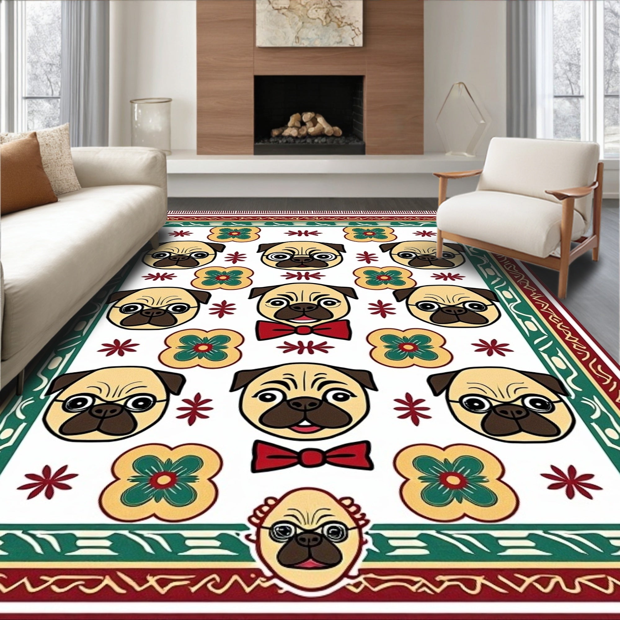 Cute Pug Faces Floral Border Rug