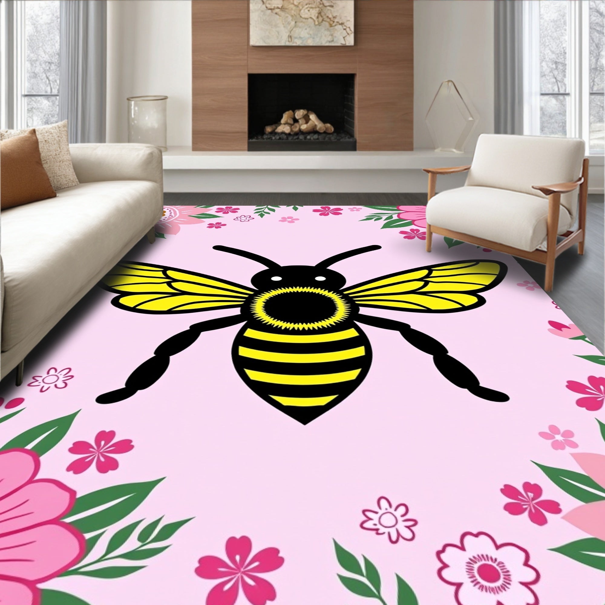 Happy Bee Floral Garden Pink Rug
