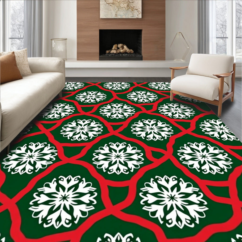 Festive Green Red Snowflake Medallion Rug