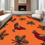 Red Birds Green Pine Sprigs Orange Rug