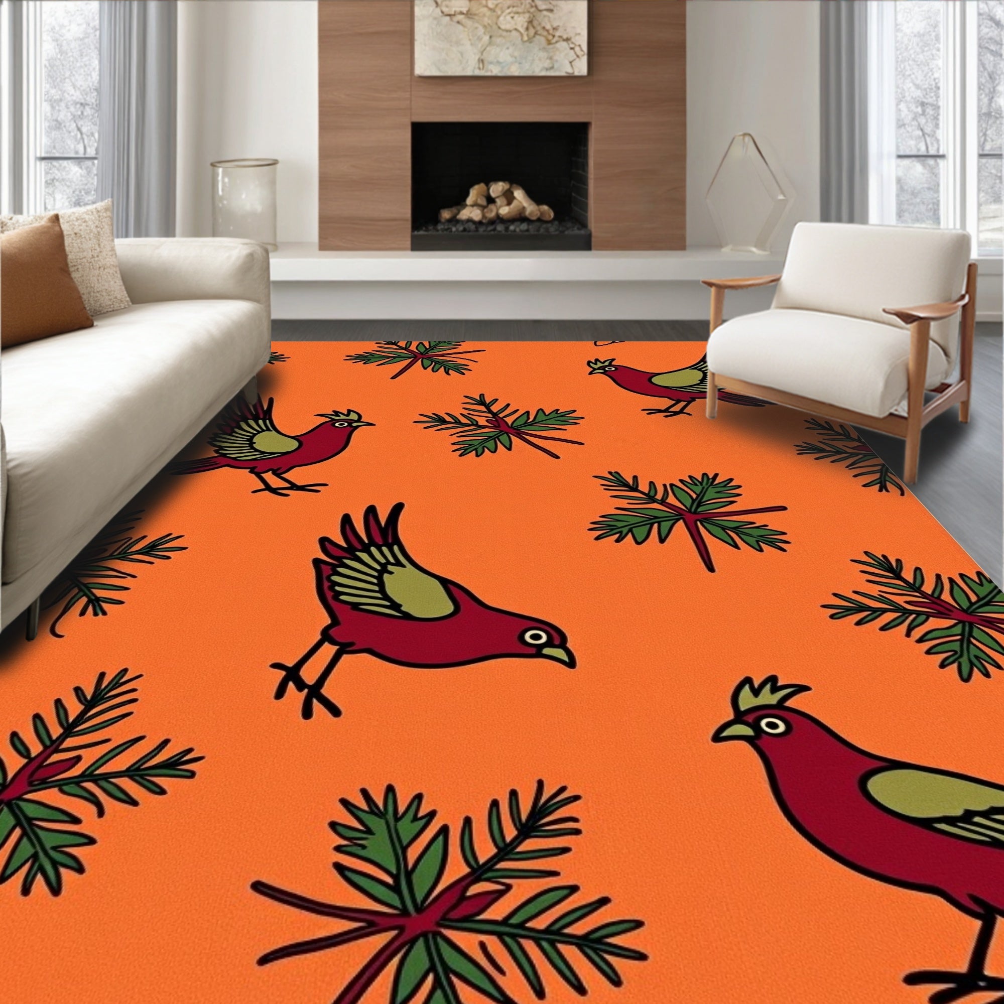 Red Birds Green Pine Sprigs Orange Rug