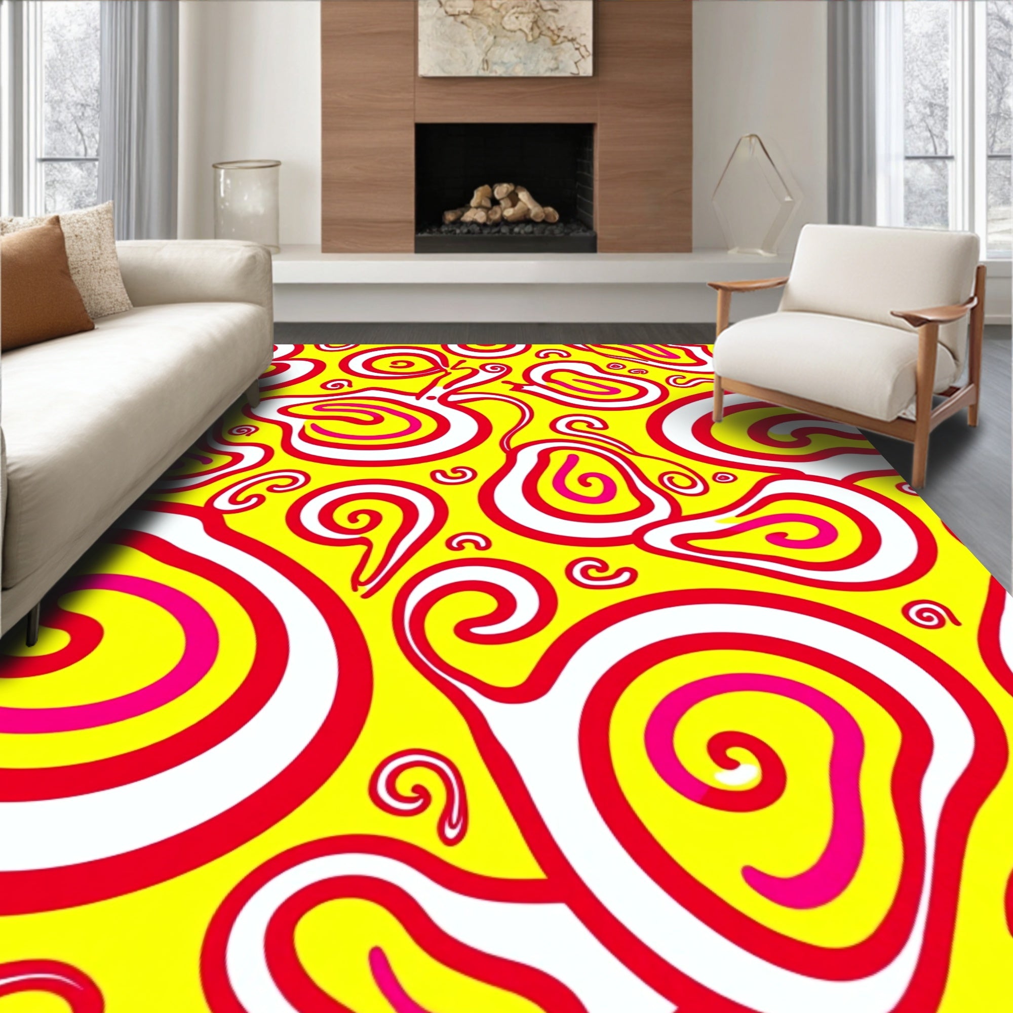 Vibrant Abstract Swirls Yellow Red Rug