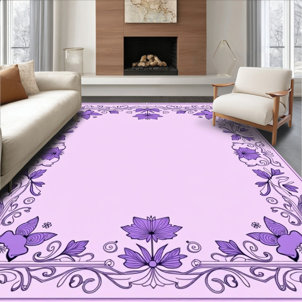 Lavender Butterfly Floral Scroll Border Rug