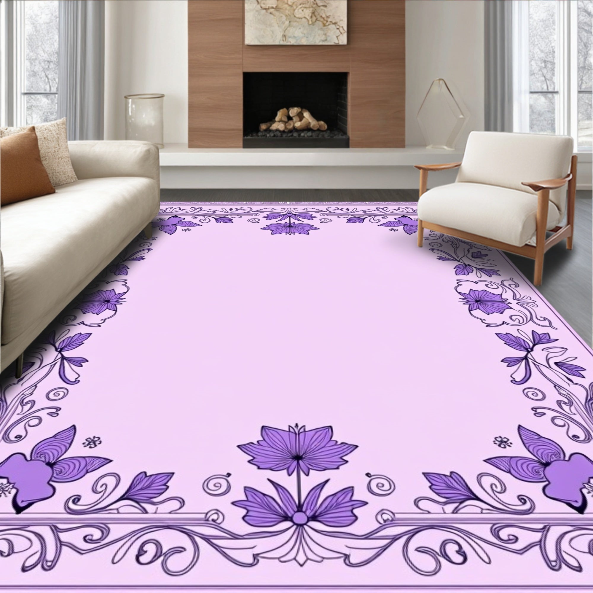 Lavender Butterfly Floral Scroll Border Rug