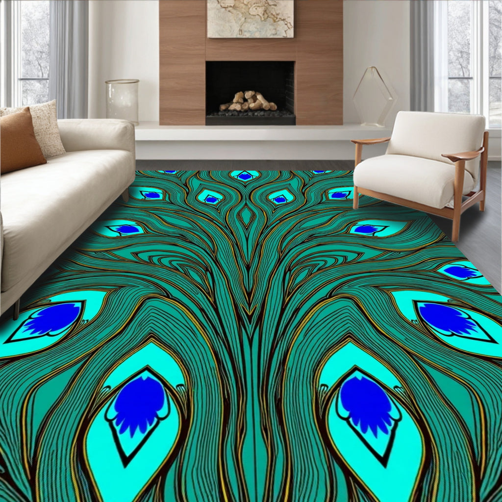 Teal Blue Peacock Feather Medallion Rug