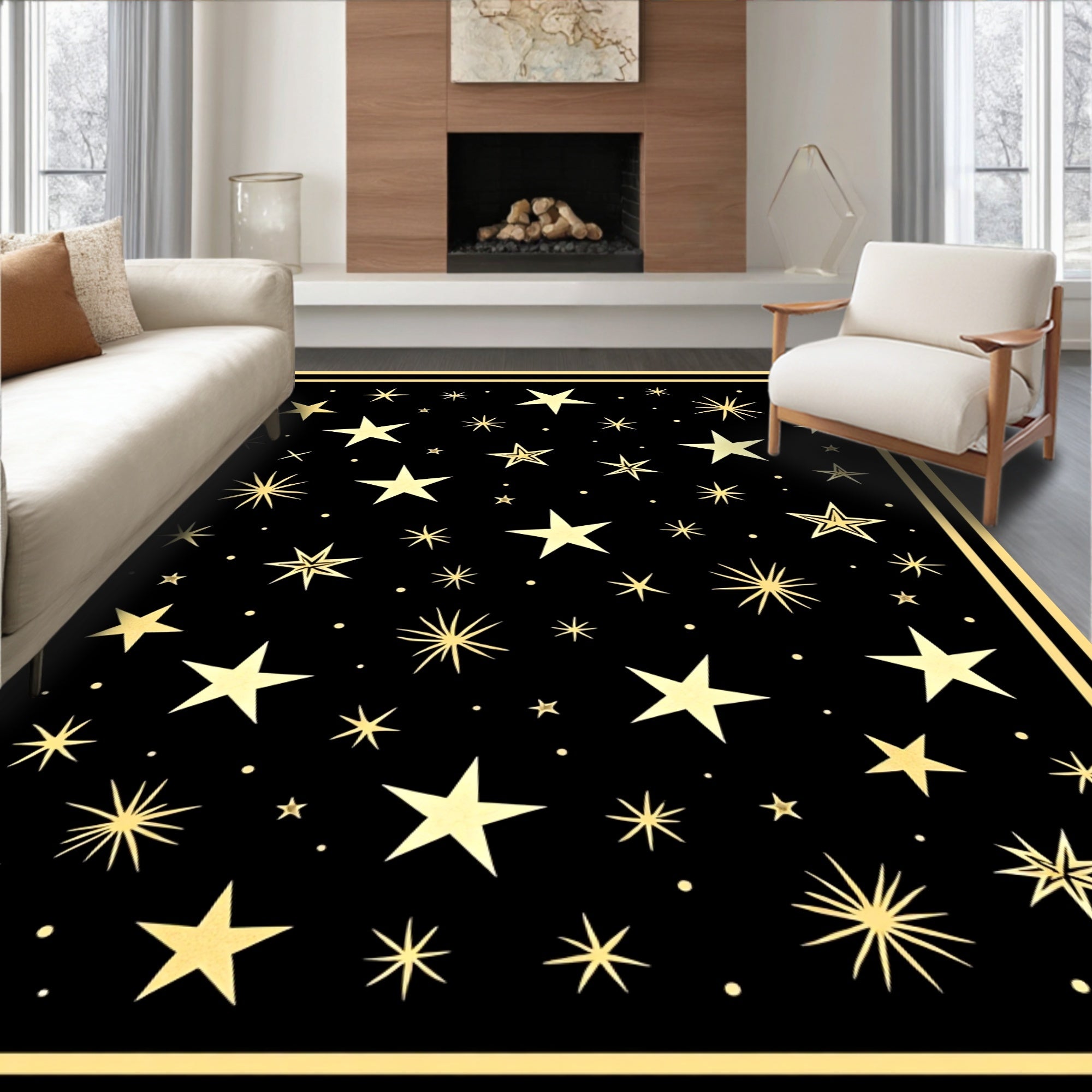 Golden Starry Night Celestial Graphic Rug