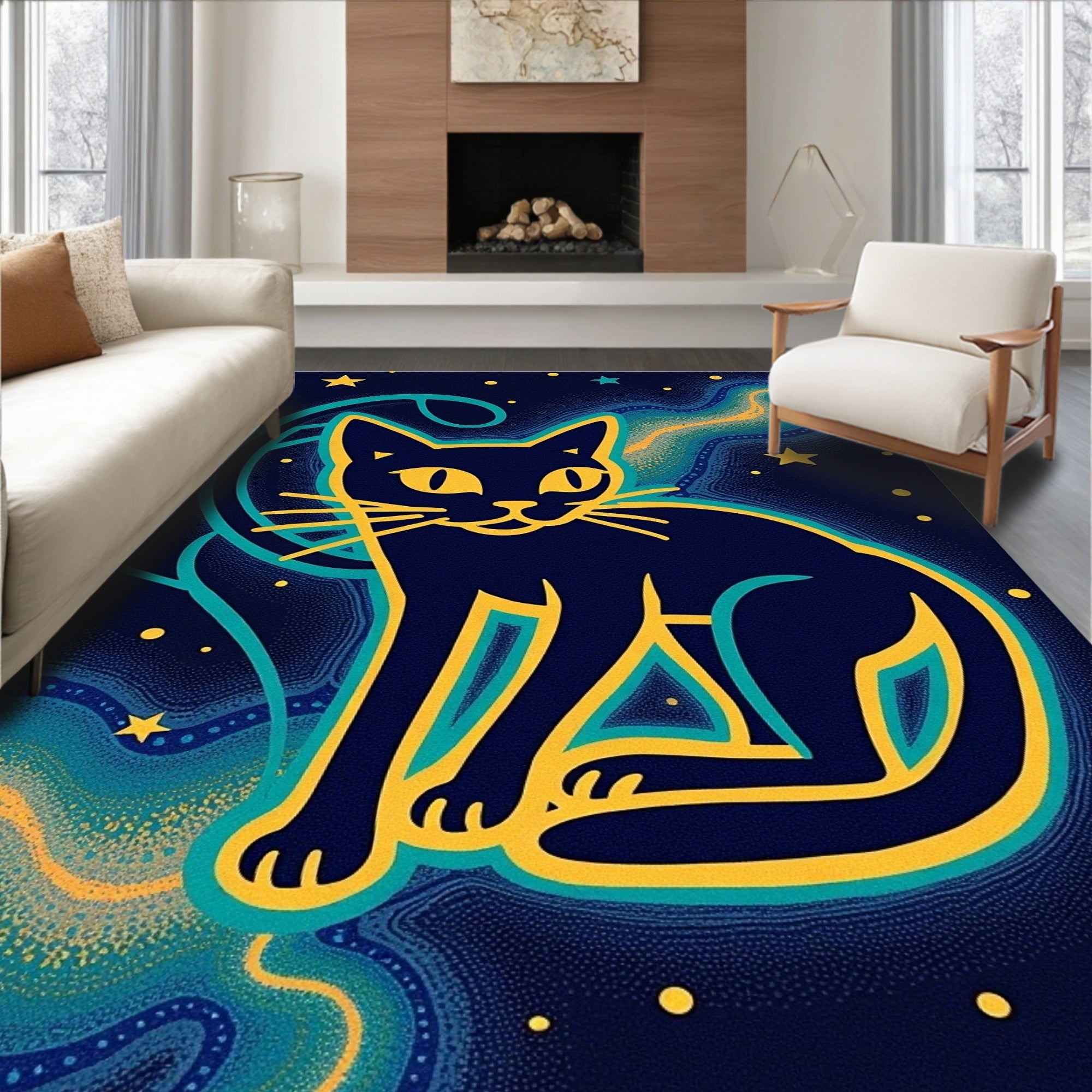 Cosmic Cat With Yellow Stars Rug