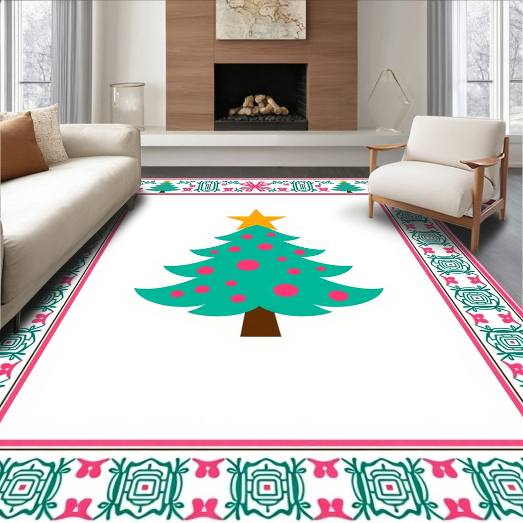 Festive Teal Christmas Tree Border Rug
