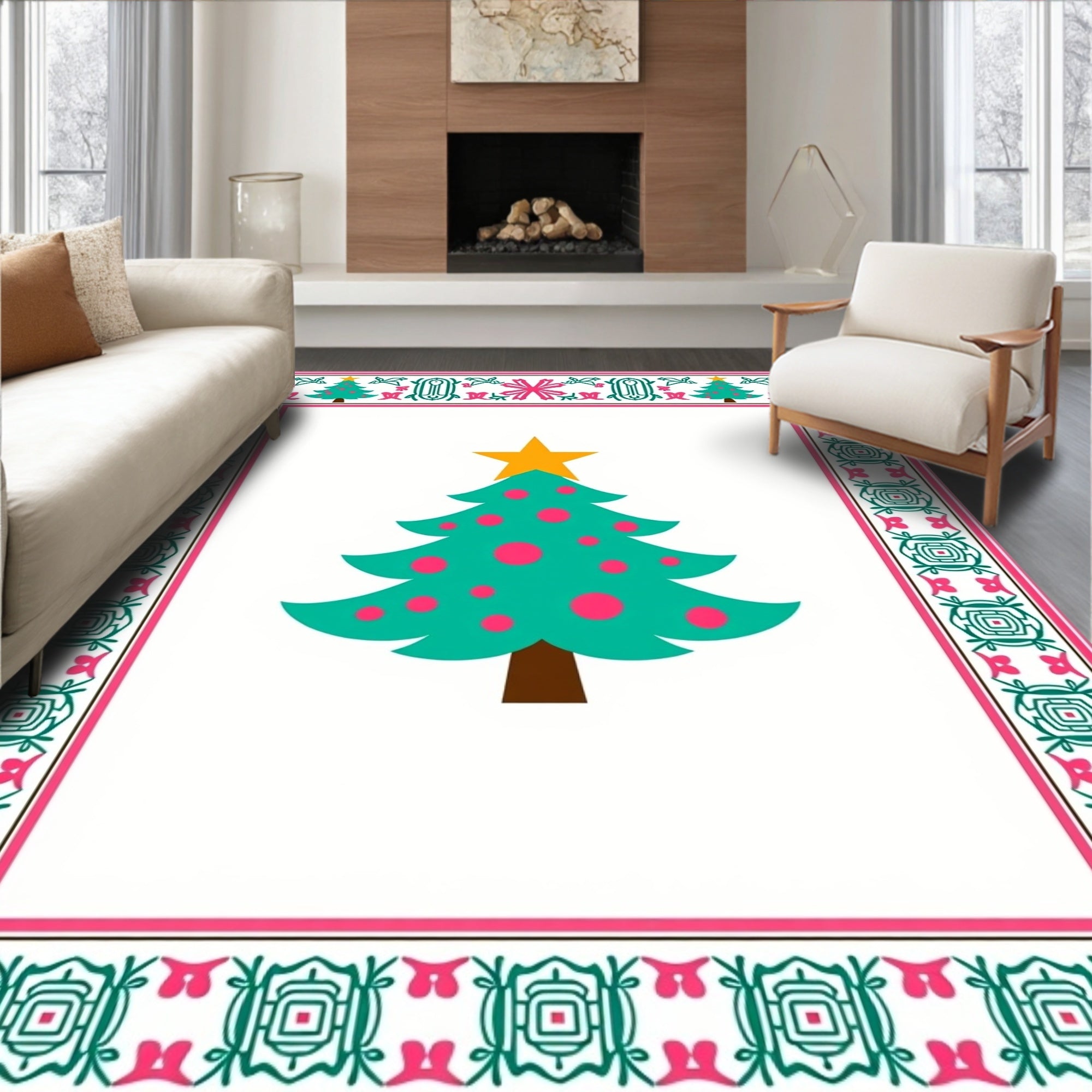 Festive Teal Christmas Tree Border Rug