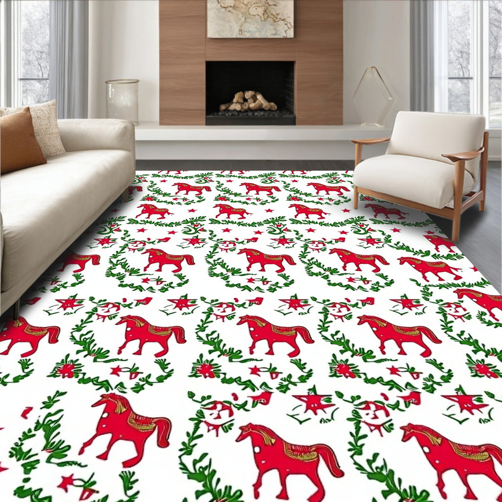Festive Red Horse Garland Motif Rug